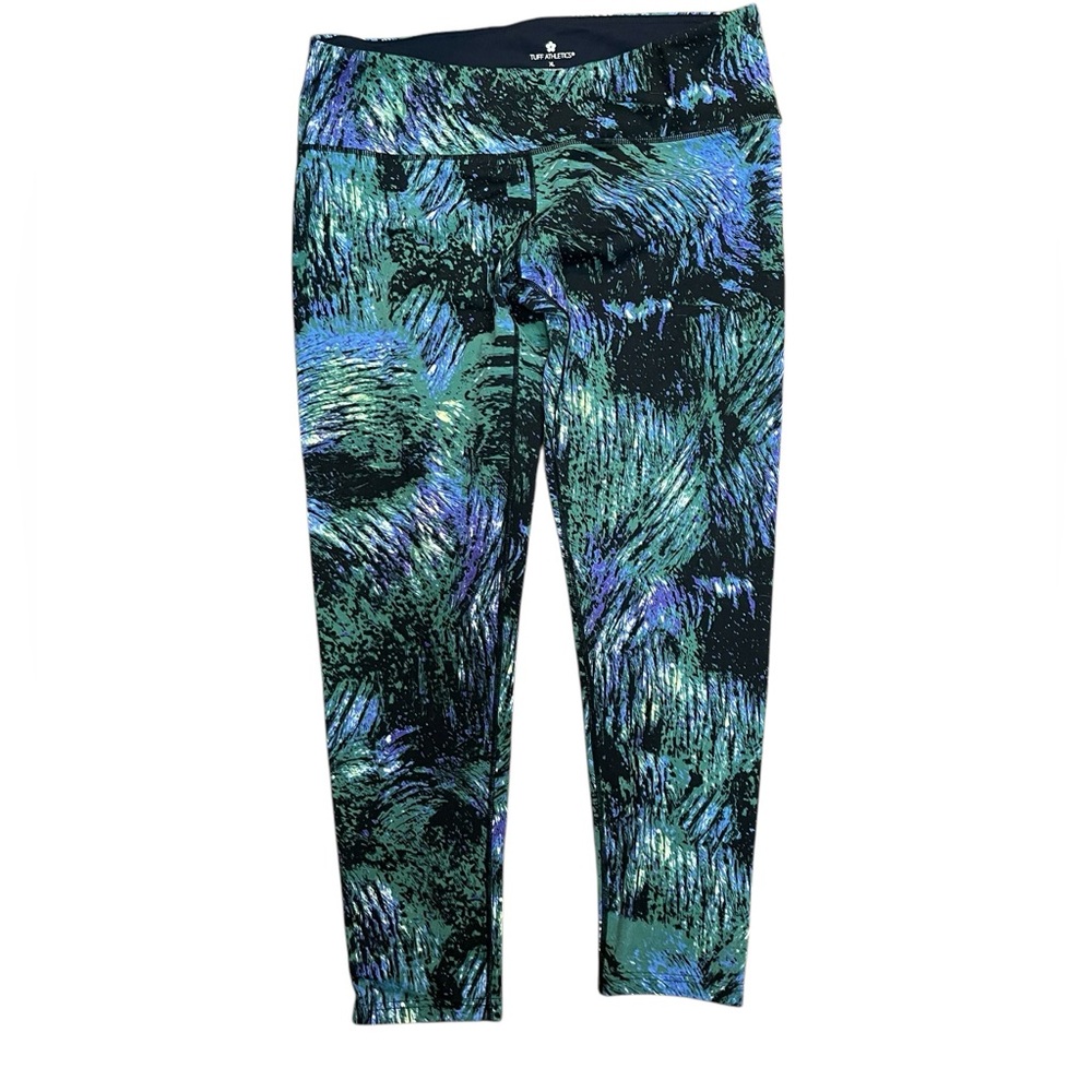 Women's Tuff Athletics Green & Blue Leaf Pull On Crop Leggings Size XL